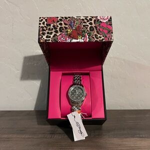 Ed Hardy Silver Crystal Dial Monogram Women's Watch Leopard Skull Studded Box